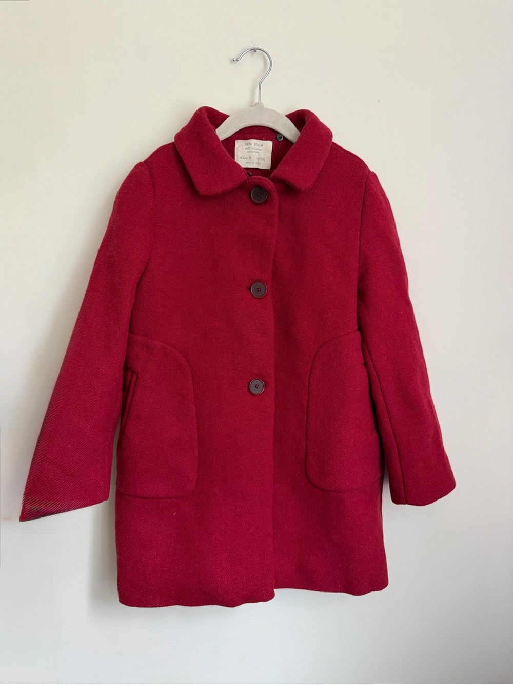 Zara Girls' Red Wool Coat with Classic Button Front (Size 9)